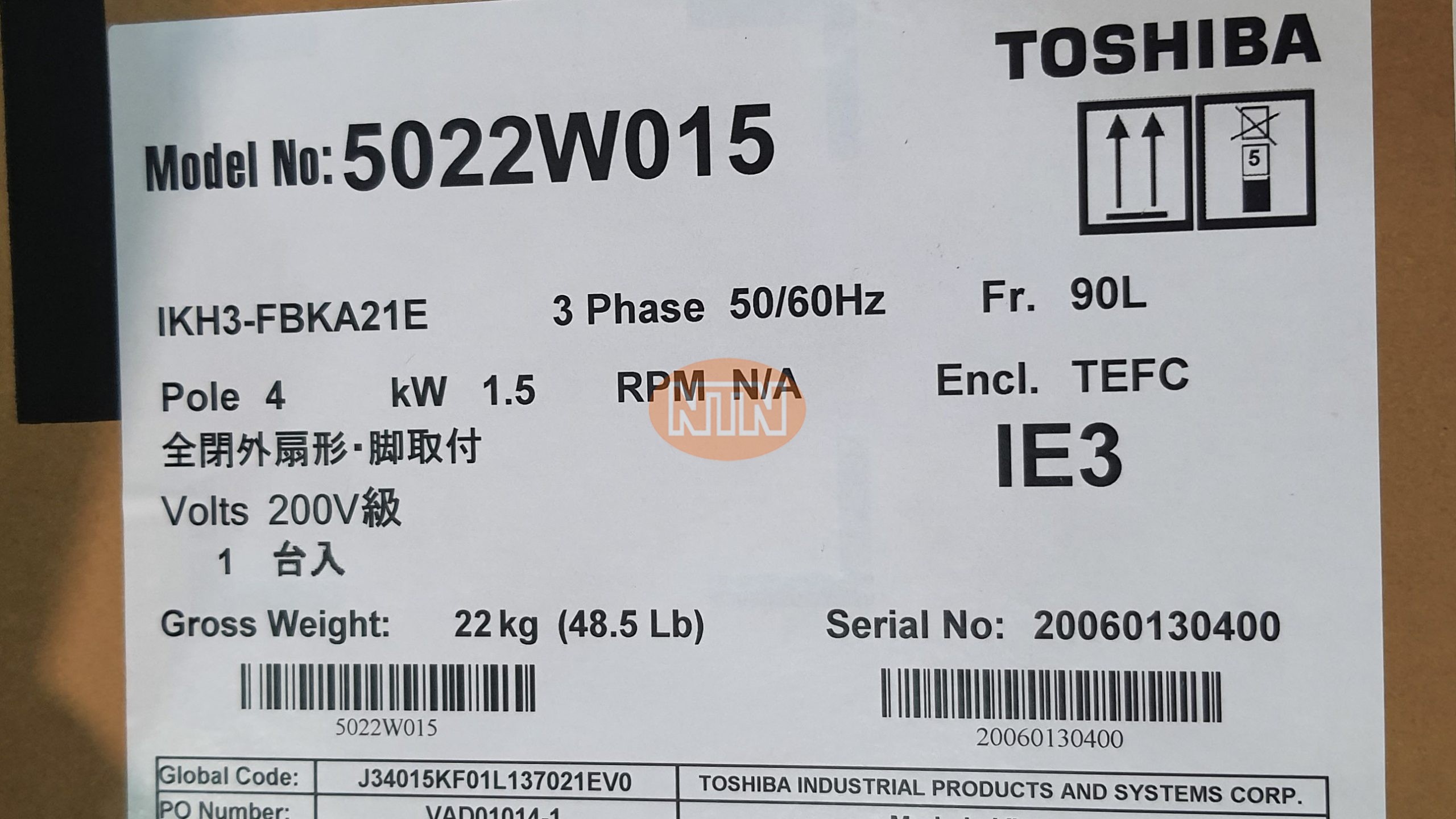 TOSHIBA IKH3-FBKA21E 4P 1.5Kw Động cơ 3 pha